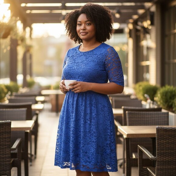 Bright Blue Lace Fit & Flare Dress PLus Size 4X Stretch Party Washable Pockets - Picture 8 of 8